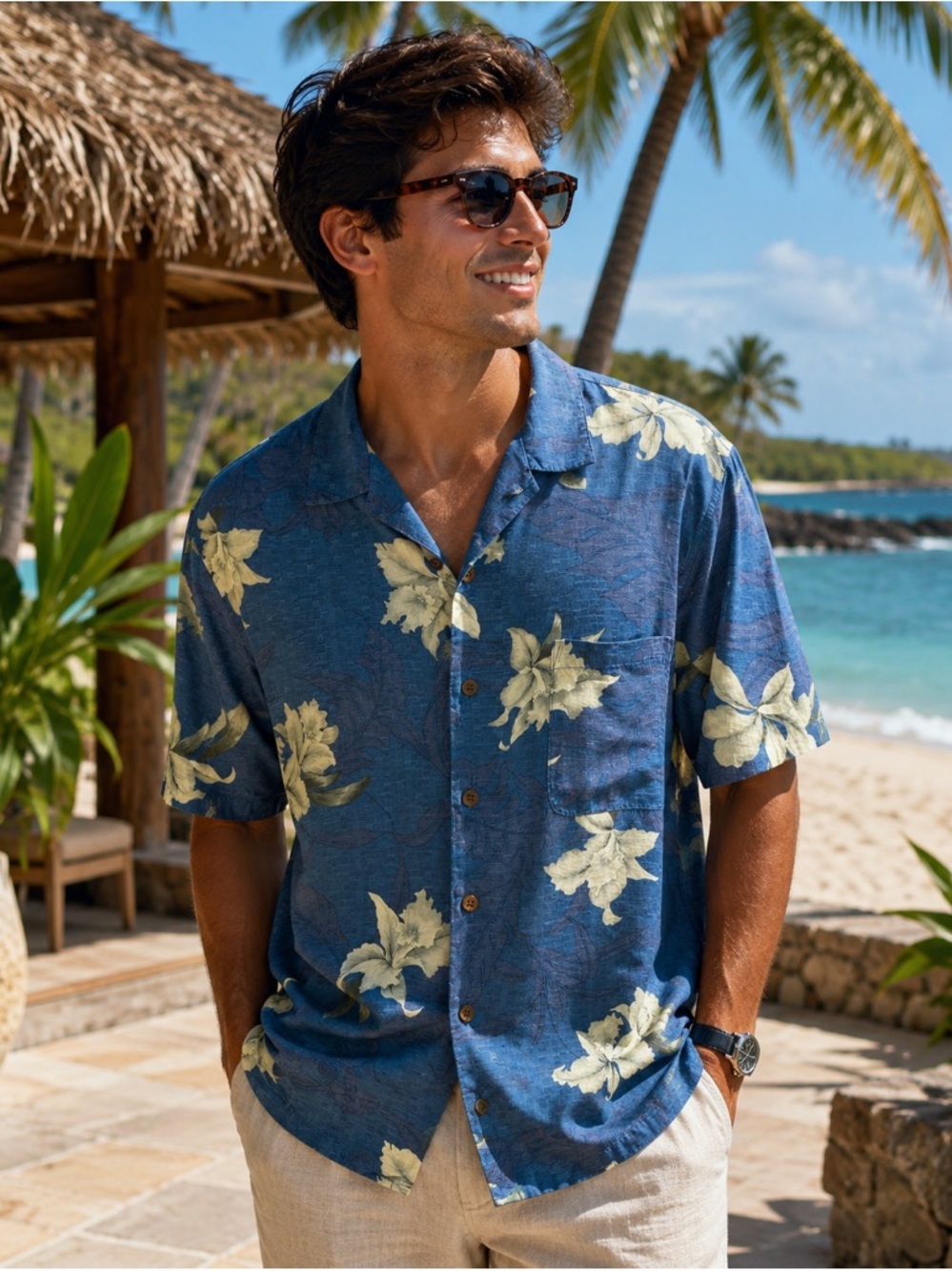 Tommy Bahama Blue Floral 100% Silk Hawaiian Camp Shirt L